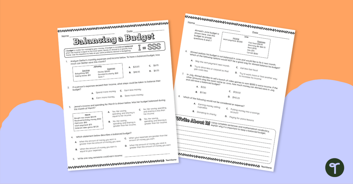 Balancing a Budget – Worksheet | Teach Starter