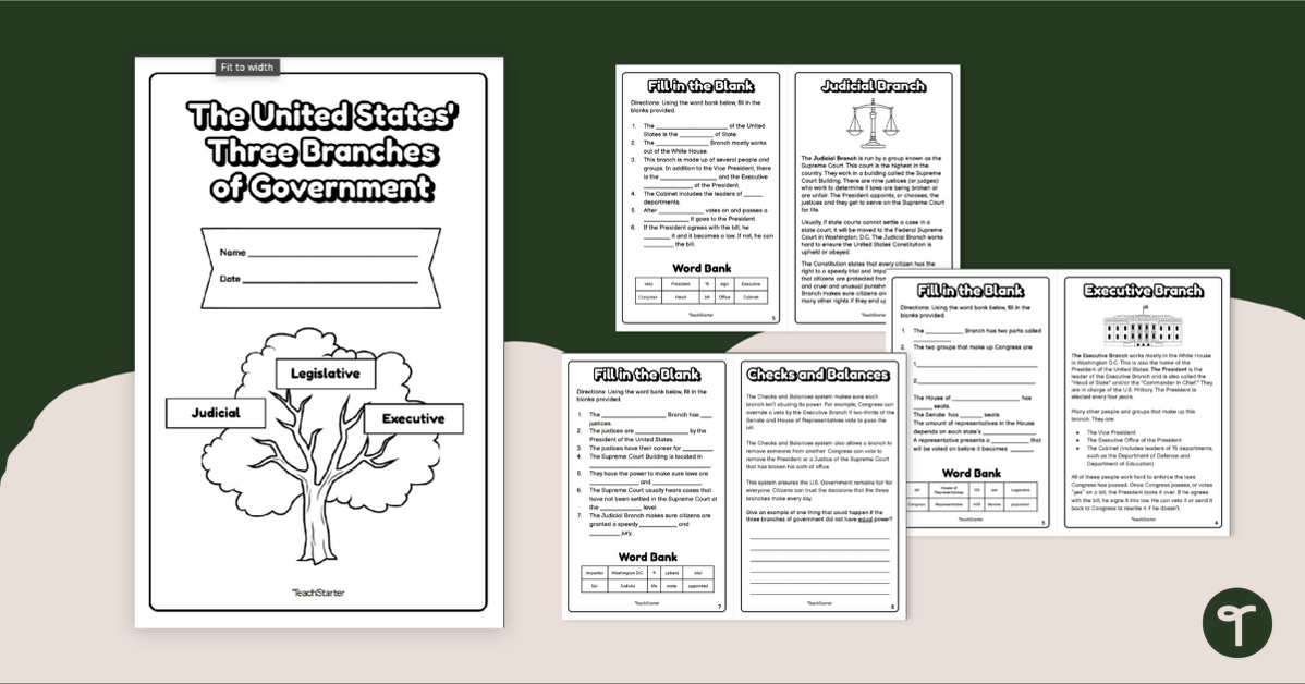 Three Branches of Government Mini Workbook teaching resource