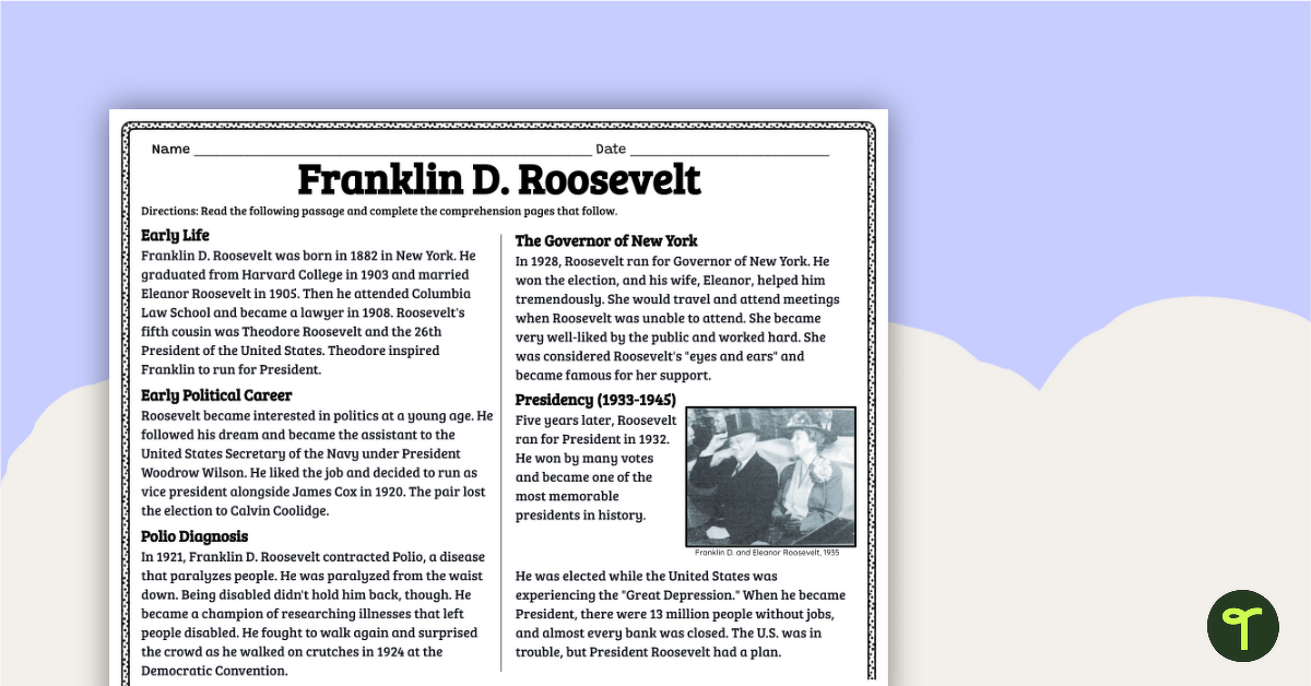 Franklin D. Roosevelt Facts and Details Comprehension Pack teaching resource