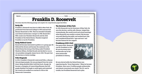 Go to Franklin D. Roosevelt Facts and Details Comprehension Pack teaching resource