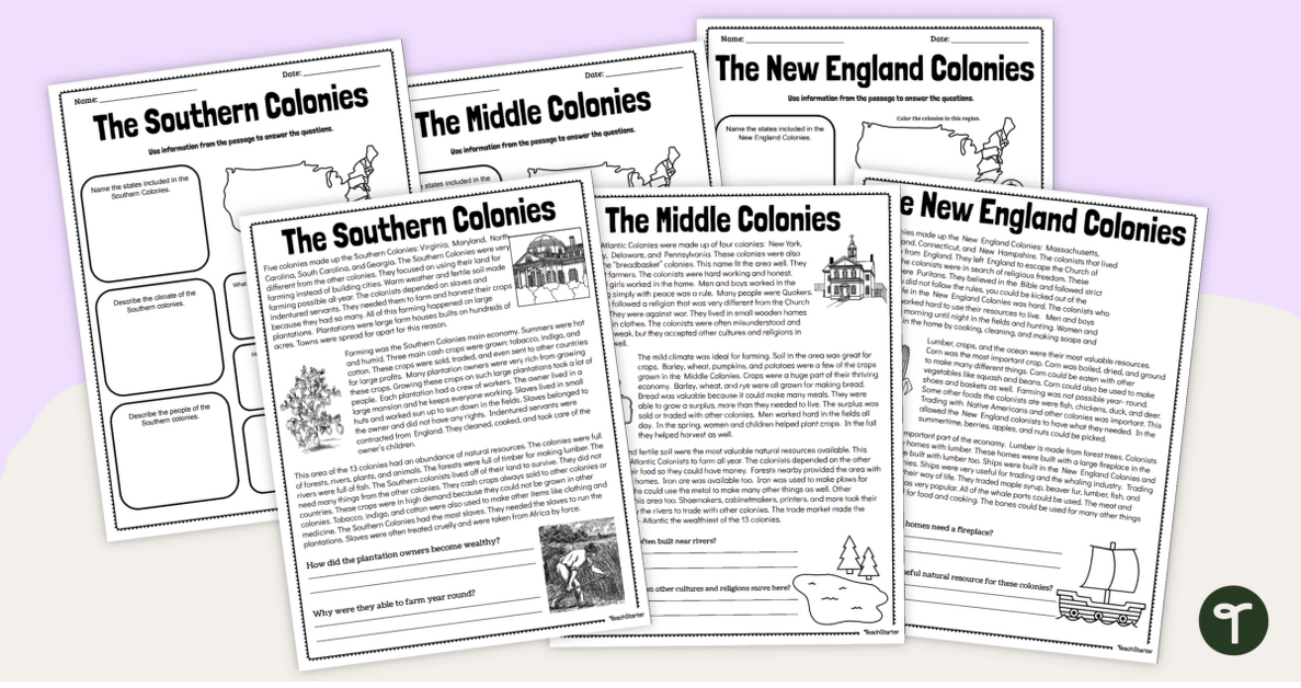 13 Colonies Reading Passages - New England, Southern, and Middle Colonies teaching resource