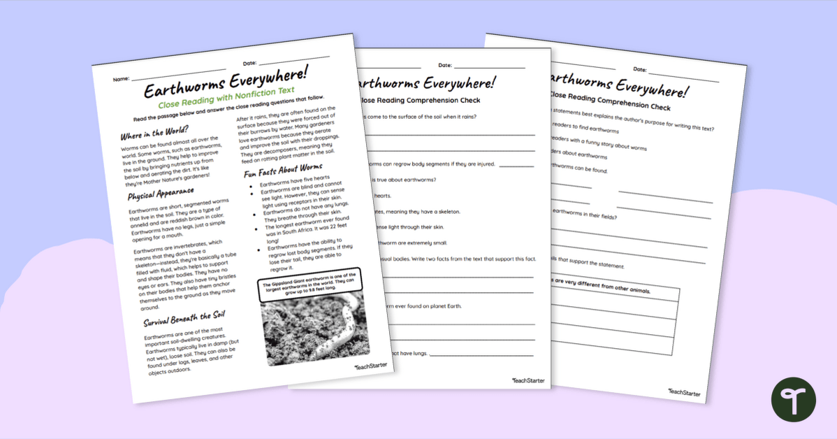 Earthworms Everywhere - Reading Passage and Comprehension Questions teaching resource