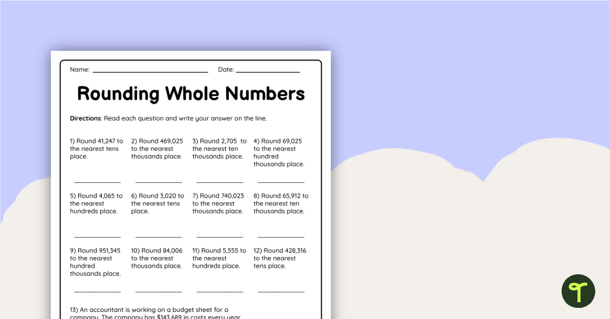 Rounding Whole Numbers – Worksheet teaching resource