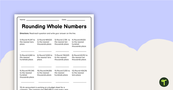 Go to Rounding Whole Numbers – Worksheet teaching resource