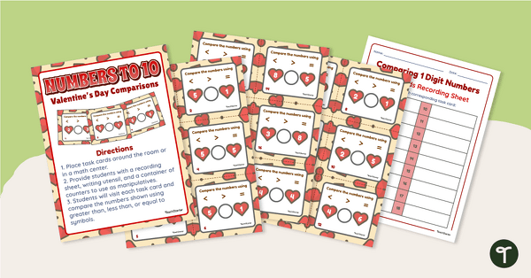 Valentine's Day Comparing Numbers to 10 Task Cards teaching resource