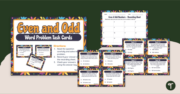 Go to Even and Odd Numbers Task Cards - Word Problems teaching resource