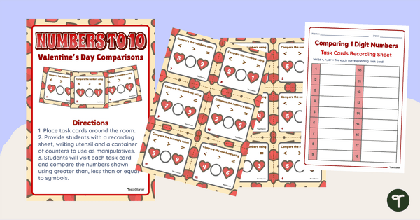Go to Valentine's Day Comparing Numbers to 10 Task Cards teaching resource