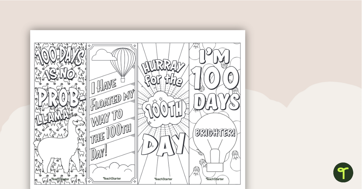 100 Days of School Bookmarks to Color teaching resource