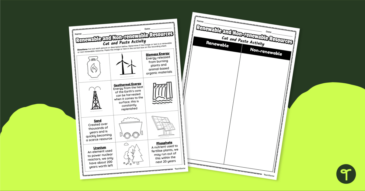 Renewable and Non-renewable Resources – Cut and Paste Worksheet teaching resource