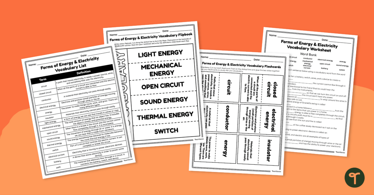 Forms of Energy & Electricity Vocabulary Worksheets teaching resource