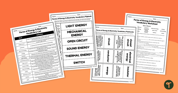 Image of Forms of Energy & Electricity Vocabulary Worksheets