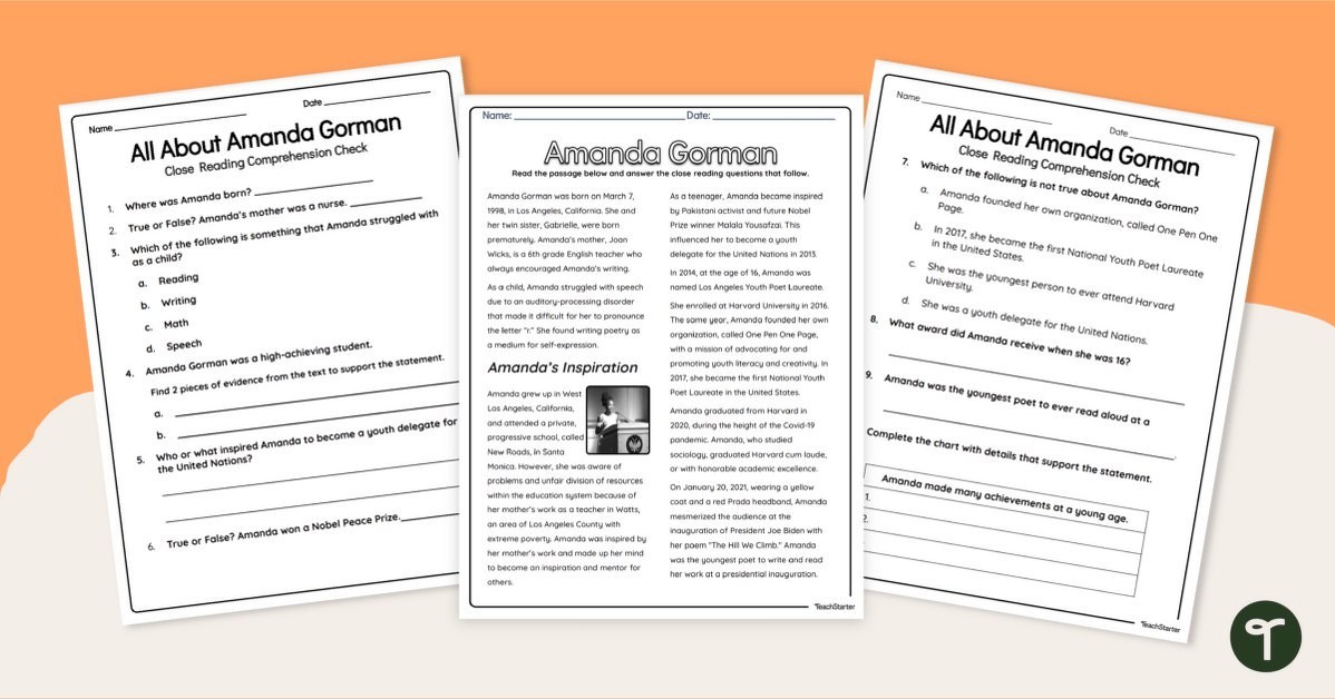 Who is Amanda Gorman?  Reading Passage and Assessment teaching resource
