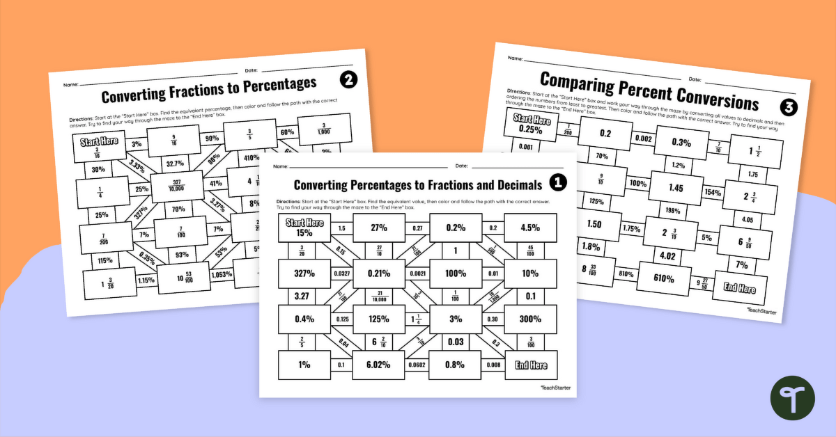Converting Percentages – Math Mazes teaching resource