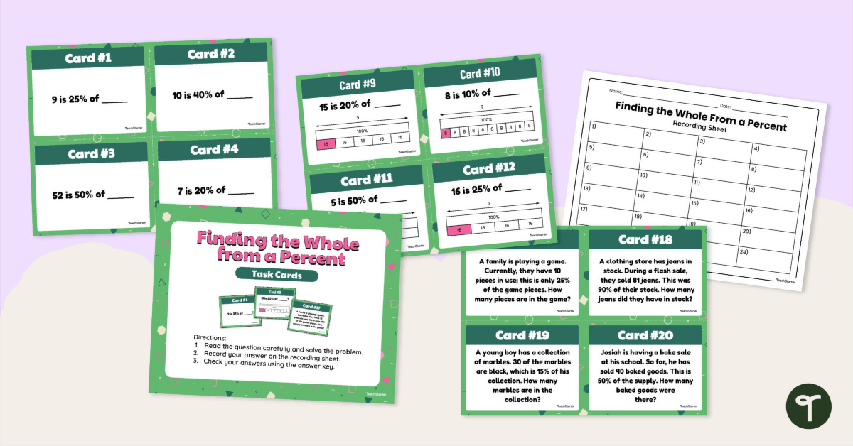 Finding the Whole From a Percent – Task Cards teaching resource
