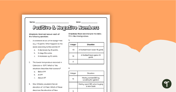 Go to Positive & Negative Numbers – Worksheet teaching resource