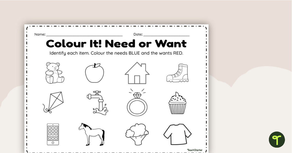 Colour It! Need or Want Worksheet teaching resource