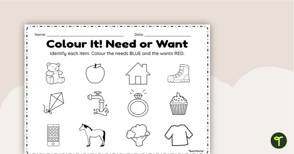 Go to Colour It! Need or Want Worksheet teaching resource