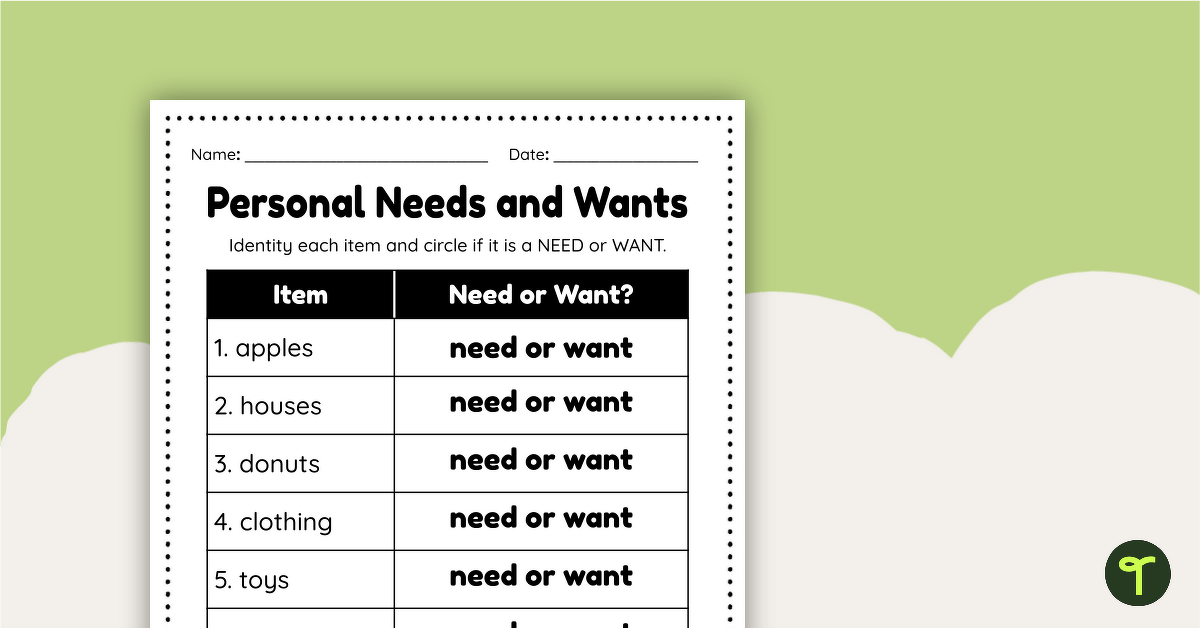 Personal Needs and Wants - Worksheet teaching resource