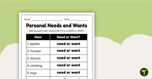 Go to Personal Needs and Wants - Worksheet teaching resource