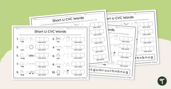 Go to CVC Words Worksheets - Short U Phoneme Manipulation teaching resource