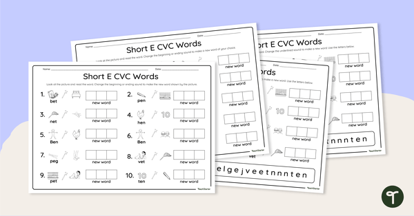 CVC Phoneme Manipulation Worksheets - Short E teaching resource