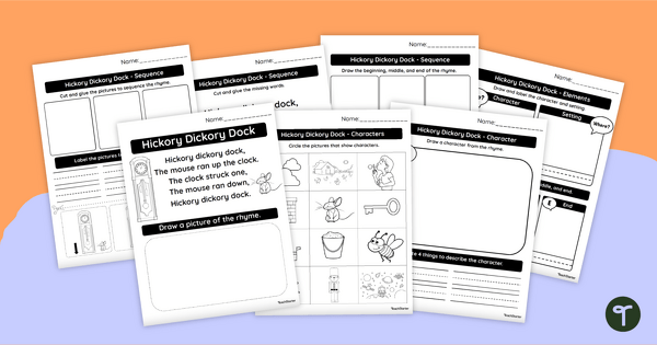 Go to Hickory Dickory Dock - Story Elements Worksheet Pack teaching resource