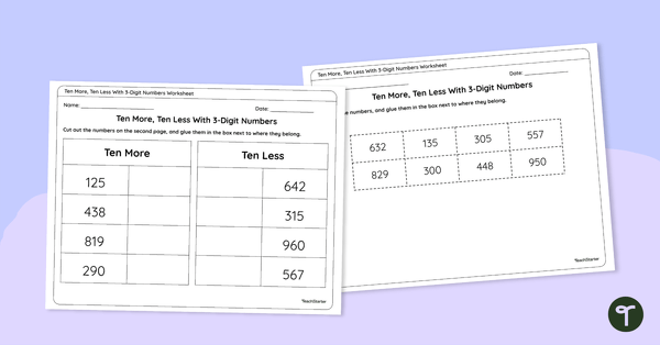 Image of Ten More, Ten Less Within 999 - Cut and Paste Worksheet