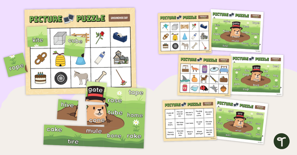 Go to Groundhog Day Picture Puzzles - CVC, CVCe, and Sight Words teaching resource