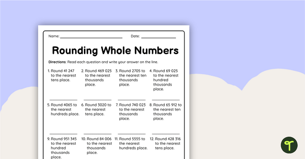 Rounding Whole Numbers – Worksheet teaching resource