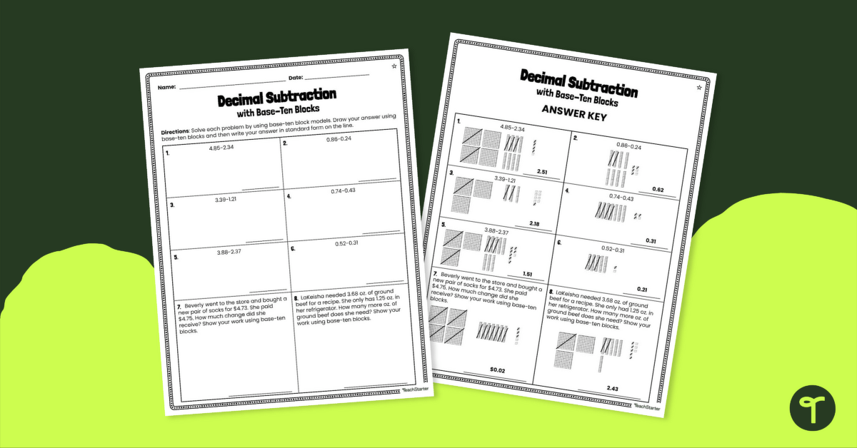 Decimal Subtraction with Base-Ten Blocks — Differentiated 5th Grade Worksheets teaching resource