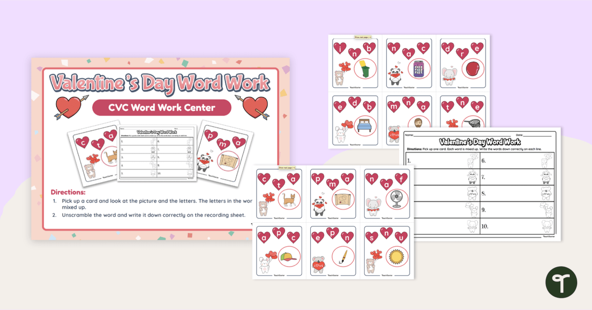 Valentine’s Day Printables - CVC Word Task Cards teaching resource