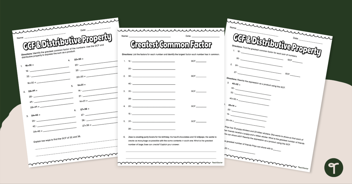 Greatest Common Factor and the Distributive Property Worksheets teaching resource