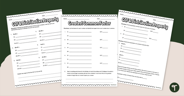 Image of Greatest Common Factor and the Distributive Property Worksheets