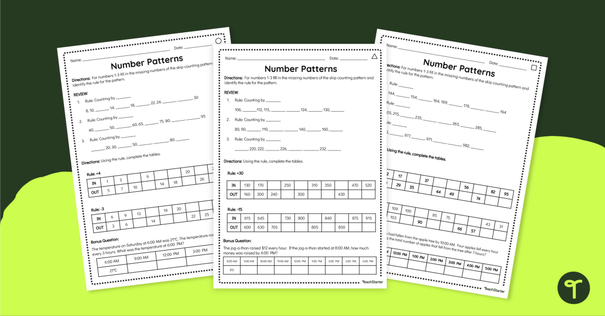 Differentiated Number Pattern Worksheets for Year 3 teaching resource