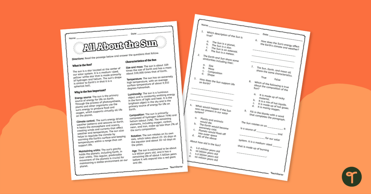 All About the Sun – Comprehension Worksheet teaching resource