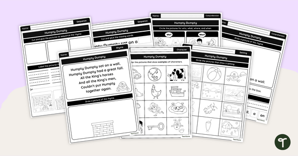 Humpty Dumpty Worksheets - Character, Setting, and Story Elements teaching resource