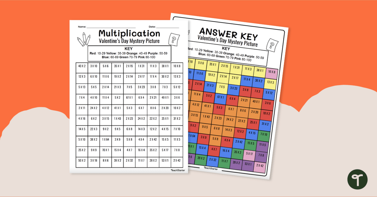 Valentine's Mystery Picture - Multiplication Color By Number Worksheet teaching resource