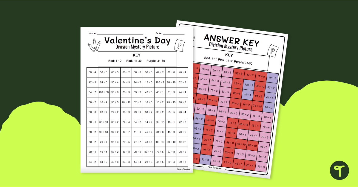 Valentine-Themed Mystery Picture - Division Facts teaching resource