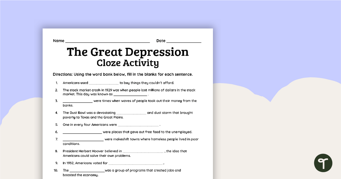 The Great Depression - Cloze Passage Worksheet teaching resource