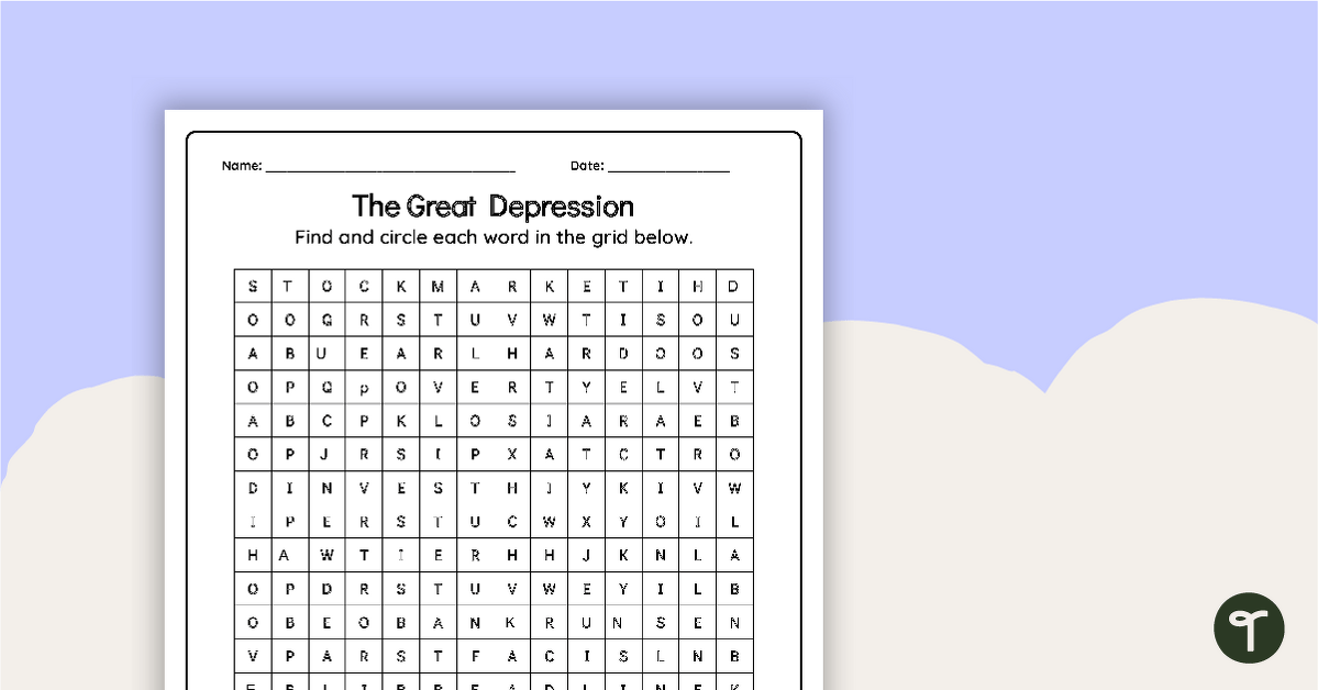 The Great Depression Word Search teaching resource