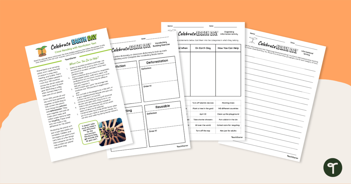 Earth Day Comprehension and Cloze Worksheets teaching resource
