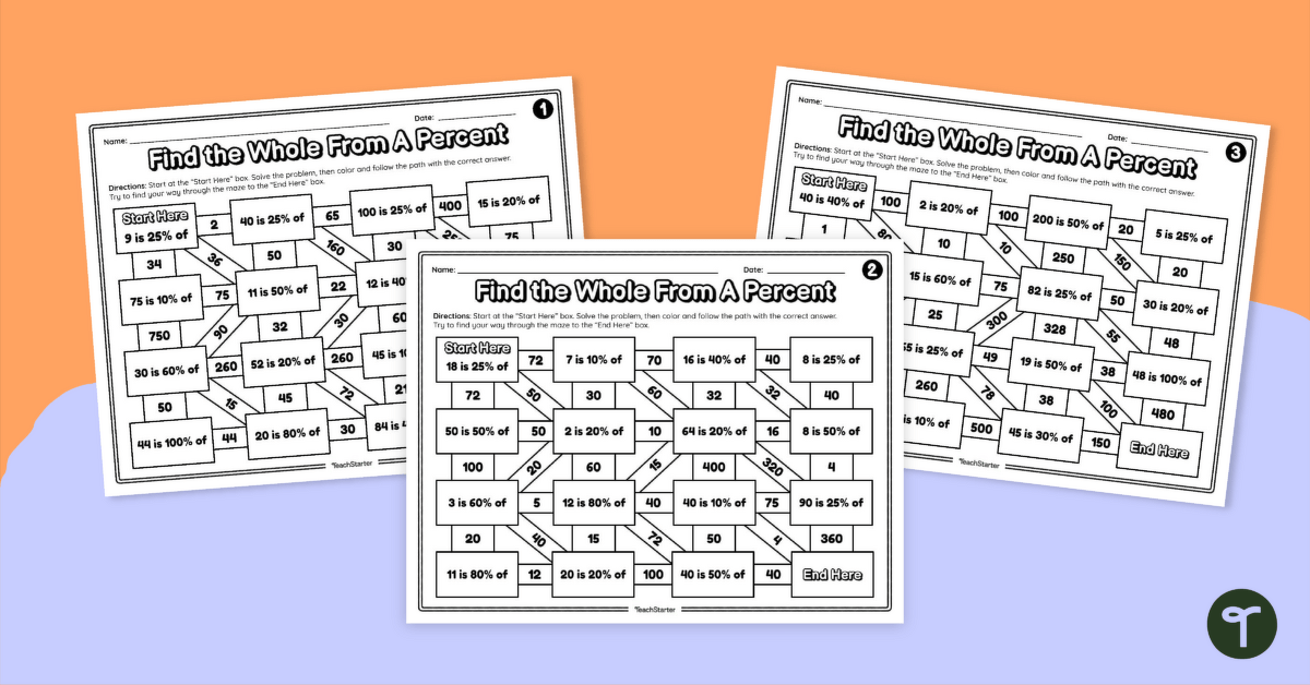 Find the Whole From a Percent – Math Mazes teaching resource