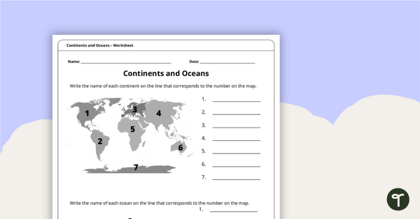 Continents and Oceans Worksheet teaching resource