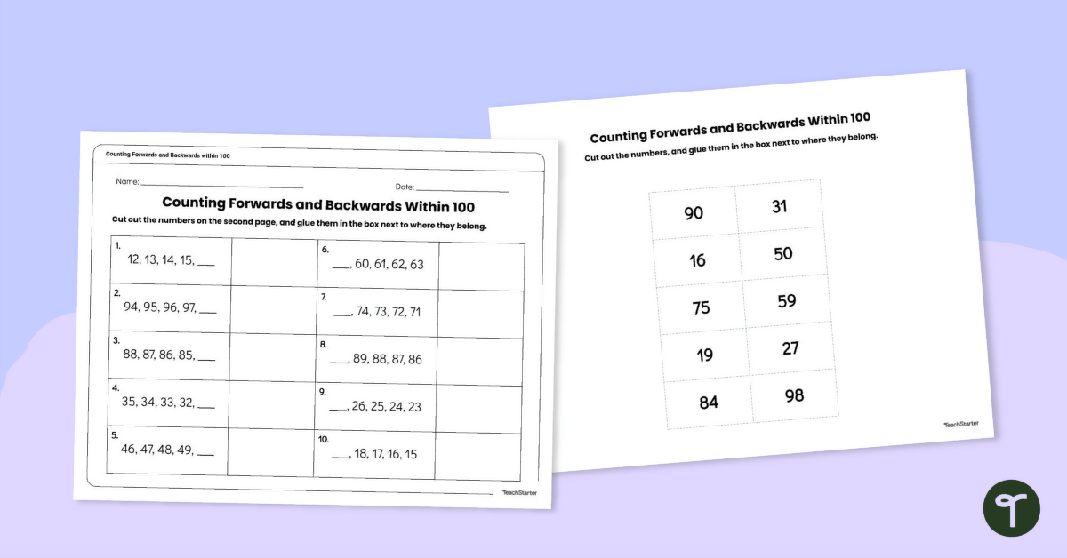 Counting Forwards and Backwards Within 100 - Cut and Paste Worksheet teaching resource