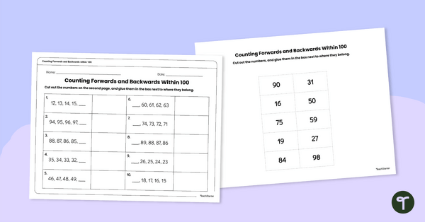 Image of Counting Forwards and Backwards Within 100 - Cut and Paste Worksheet