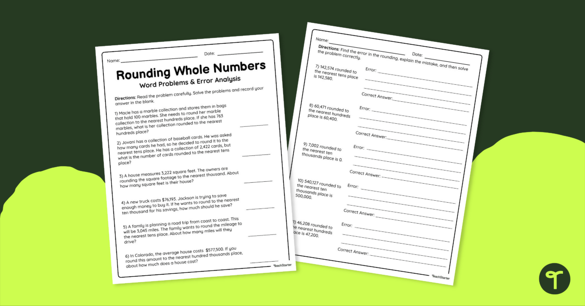 Rounding Whole Numbers – Word Problem and Error Analysis Worksheet teaching resource