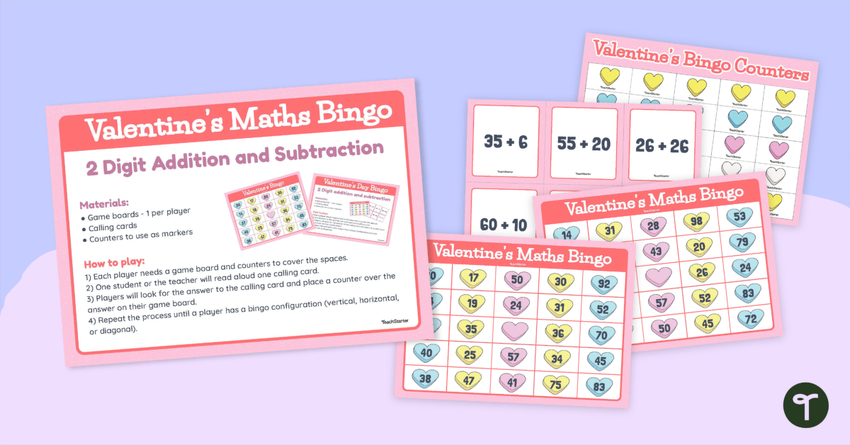 Valentine Bingo - 2-Digit Addition and Subtraction Game teaching resource