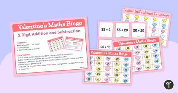 Valentine Bingo - 2-Digit Addition and Subtraction Game teaching resource