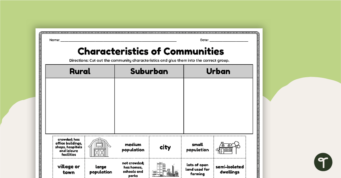 Characteristics of Communities - Cut and Paste Worksheet teaching resource