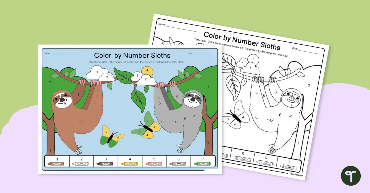 Number Recognition Worksheets - Sloth Color-by-Number teaching resource